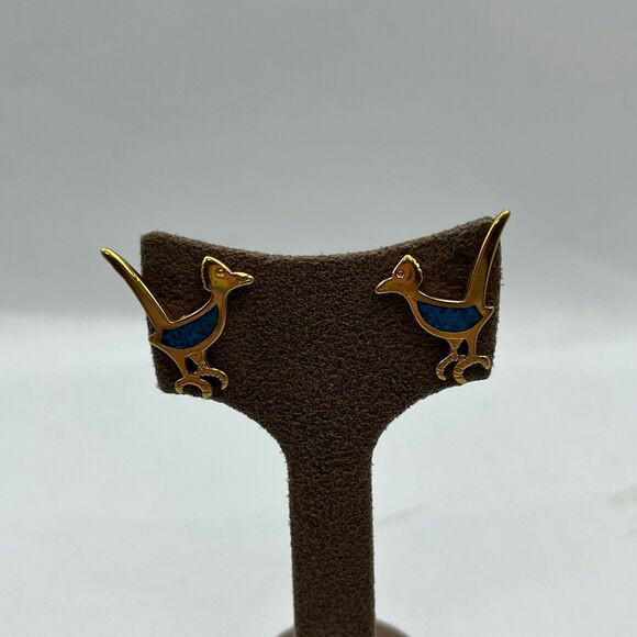 Jewelry - Vintage gold tone roadrunner turquoise pierced Earrings